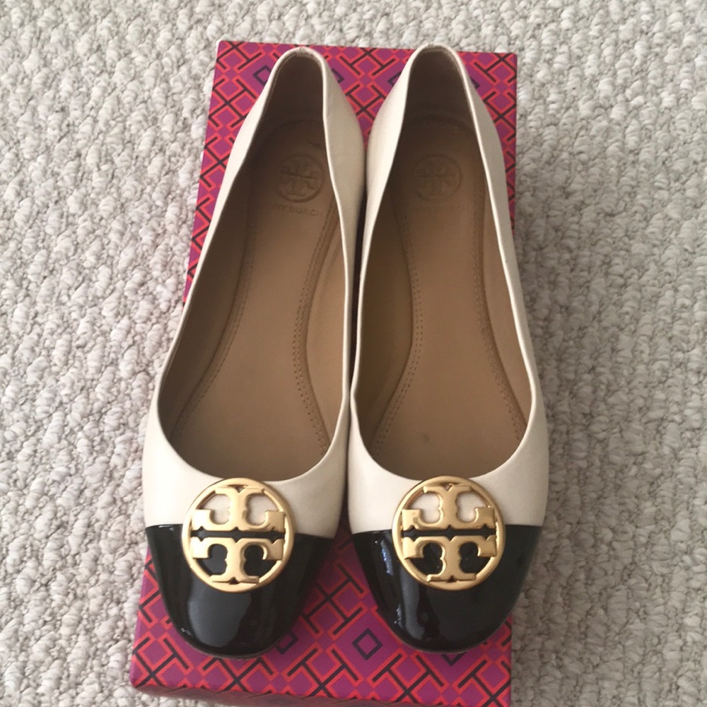 Tory Burch Black Patent Leather Toe with Cream Color Leather Shoe.